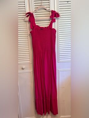 Red Midi Tie-Shoulder Smocked Maxi Dress